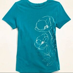 Old Navy EveryWear Graphic Crew Neck T Shirt Teal with Silver Flowers Si…